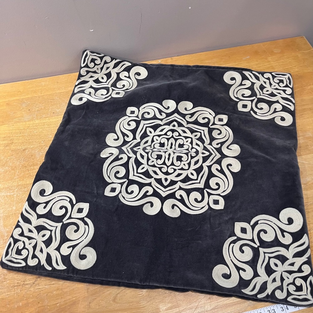 Pottery Barn 24x24 Charcoal Gray Cotton Velvet Embroidered Mandala Pillow Cover